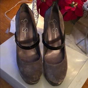 Gray Suede heels with black patent leather